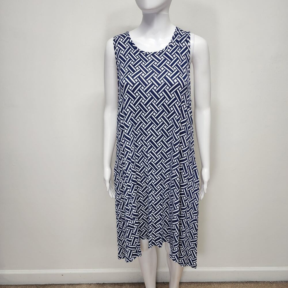 Kaari Geometric Tank Dress Size L Blue Modal Midi Sharkbite Hem Stretch Casual